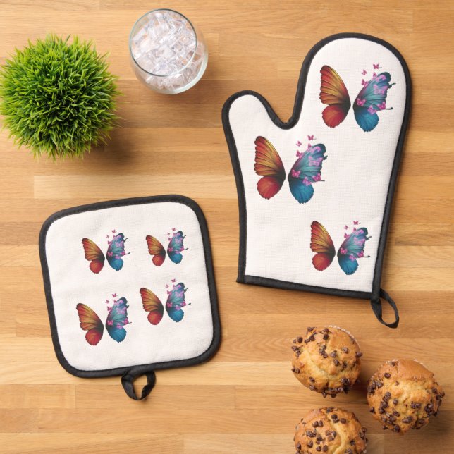colourful butterfly oven mitt & pot holder set (Top Down)
