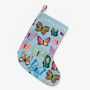 Colourful Butterfly Pattern Pastel Blue Custom Nam Small Christmas Stocking