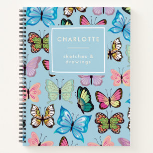 Colourful Butterfly Pattern Pastel Blue Sketchbook Notebook