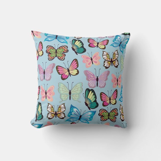 Colourful Butterfly Pattern Pastel Light Blue Cushion (Front)