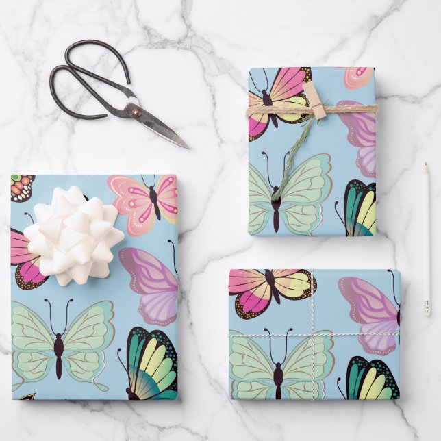 Colourful Butterfly Pattern Pastel Light Blue Wrapping Paper Sheet (Front)