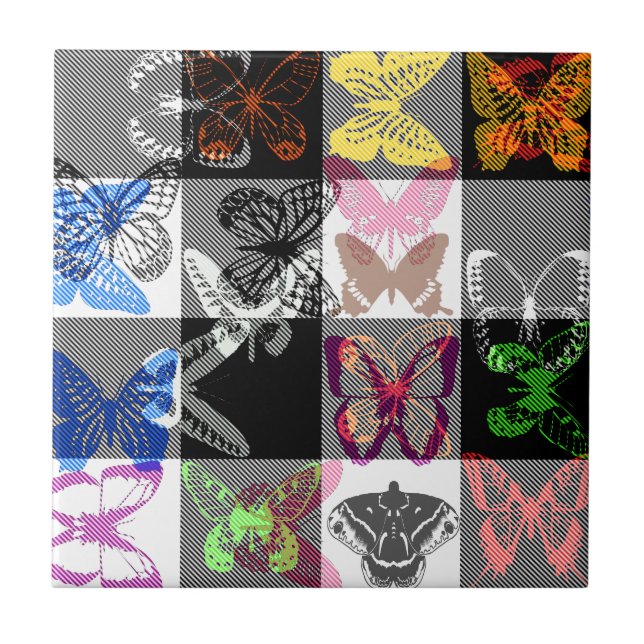 Colourful Butterfly Plaid Tartan Check Design  Tile (Front)