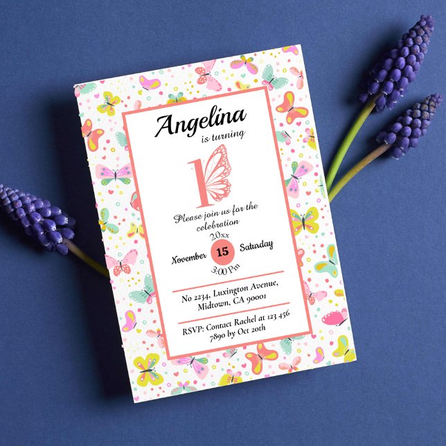 Colourful butterfly themed cute pastel 1st birthda invitation (Creator Uploaded)