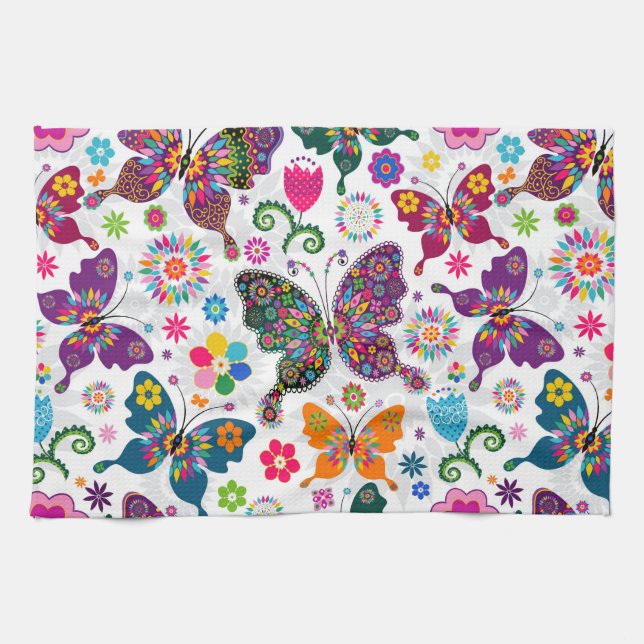 Colourful Butterfly's And Flowers Pattern Tea Towel (Horizontal)