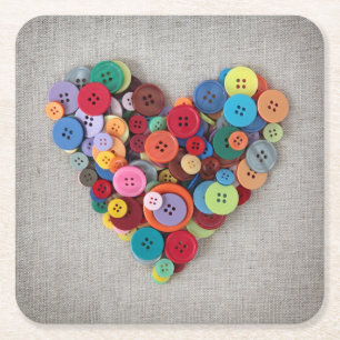 Colourful Buttons Heart Square Paper Coaster