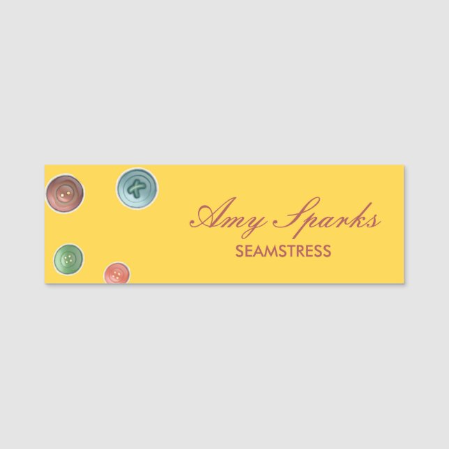 Colourful buttons seamstress yellow name tag (Front)