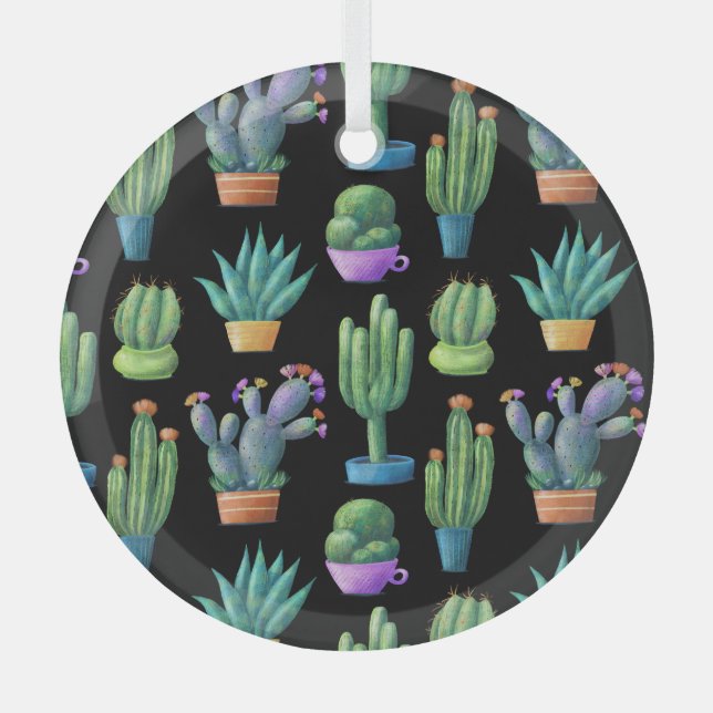 Colourful Cacti: Whimsical Seamless Design. Glass Tree Decoration (Front)
