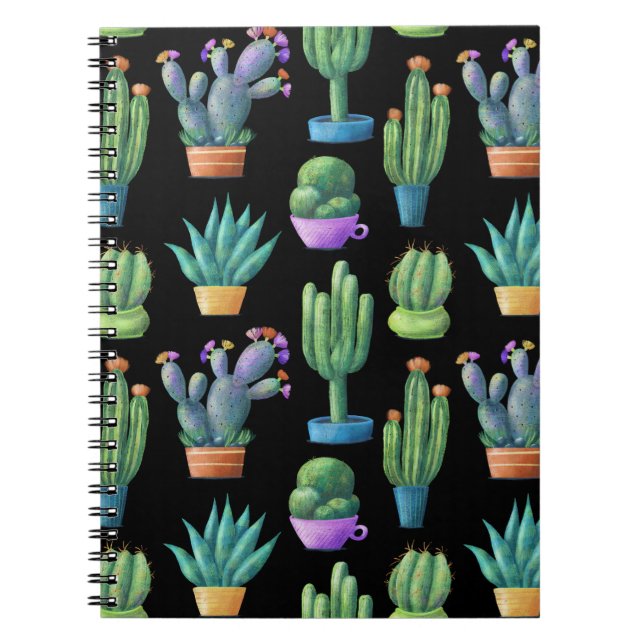 Colourful Cacti: Whimsical Seamless Design. Notebook (Front)