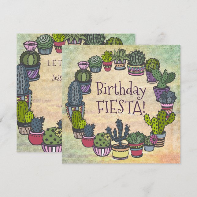 Colourful Cactus Birthday Fiesta Invitation (Front/Back)
