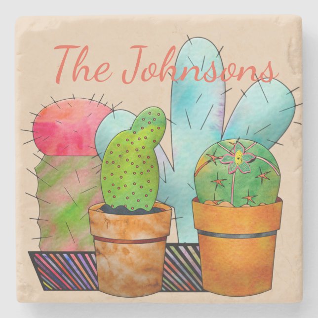 Colourful Cactus Garden Stone Coaster (Front)