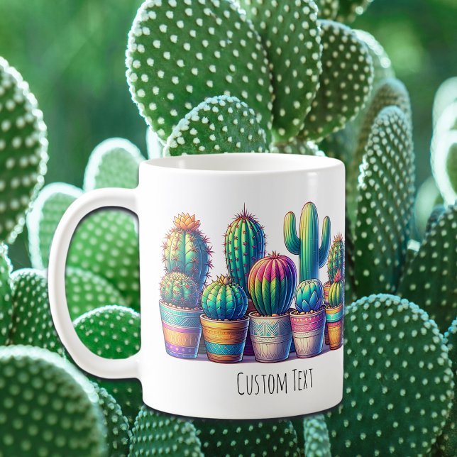 Colourful Cactus Mug With Custom Text or Name (Colorful Custom Cactus Mug For Cactus Lovers | Add your custom text to this fun cactus mug!)