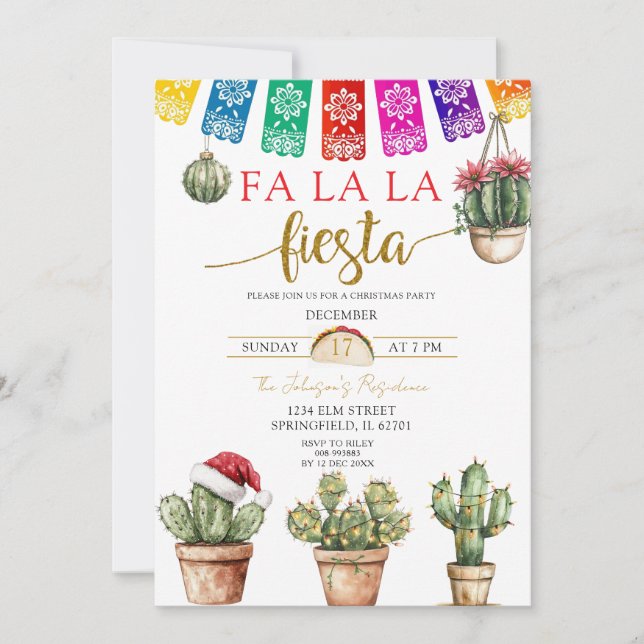 Colourful Cactus Santa Mexican Holiday Fiesta Invitation (Front)