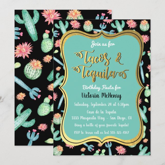 Colourful Cactus Tacos & Tequila Birthday Fiesta Invitation (Front/Back)