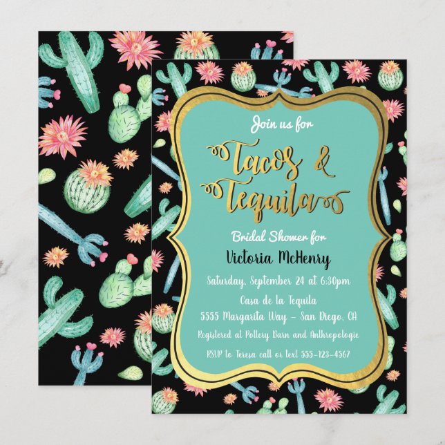 Colourful Cactus Tacos & Tequila Bridal Shower Invitation (Front/Back)