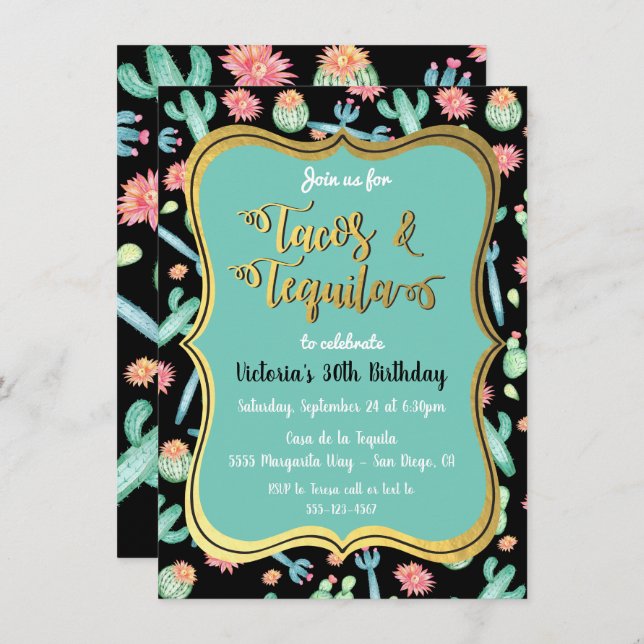 Colourful Cactus Tacos & Tequila Invitations (Front/Back)