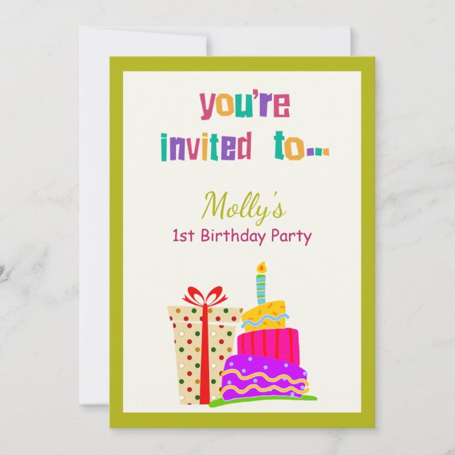 Colourful Cake Gift 1st Birthday Party Invitation  (Front)