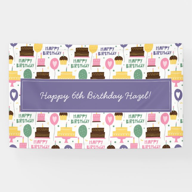 Colourful Cake Pattern Happy Birthday w/ Name Age Banner (Horizontal)