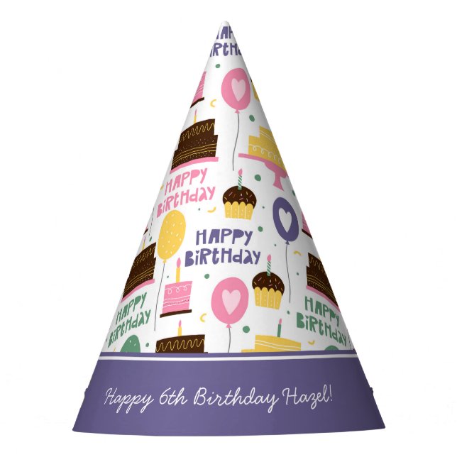 Colourful Cake Pattern Happy Birthday w/ Name Age Party Hat (Front)