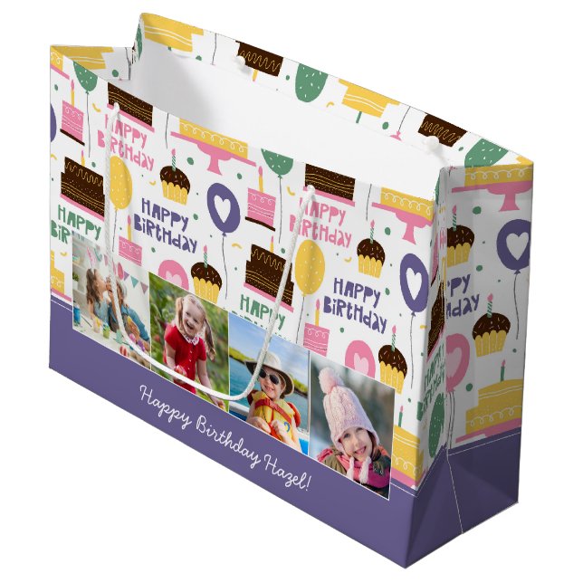 Colourful Cake Pattern Happy Birthday w/ Name Phot Large Gift Bag (Front Angled)