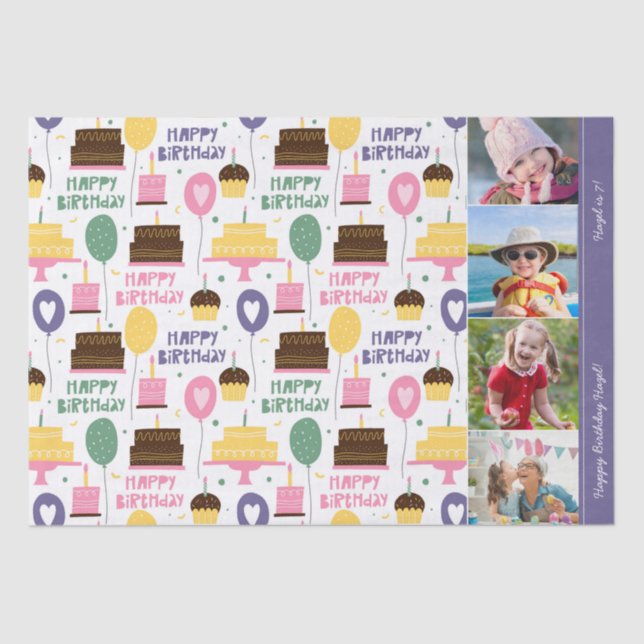 Colourful Cake Pattern Happy Birthday w/ Name Phot Tissue Paper (Front)