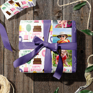 Colourful Cake Pattern Happy Birthday w/ Name Phot Wrapping Paper