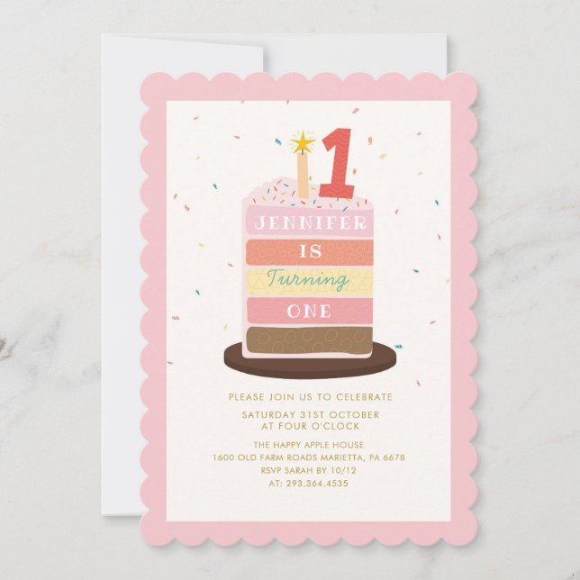 Colourful Cake Sparkle Baby Turning One Birthday Invitation (Front)