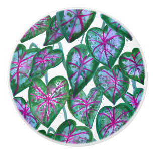 Colourful Caladiums Watercolor Art Pink Green Ceramic Knob