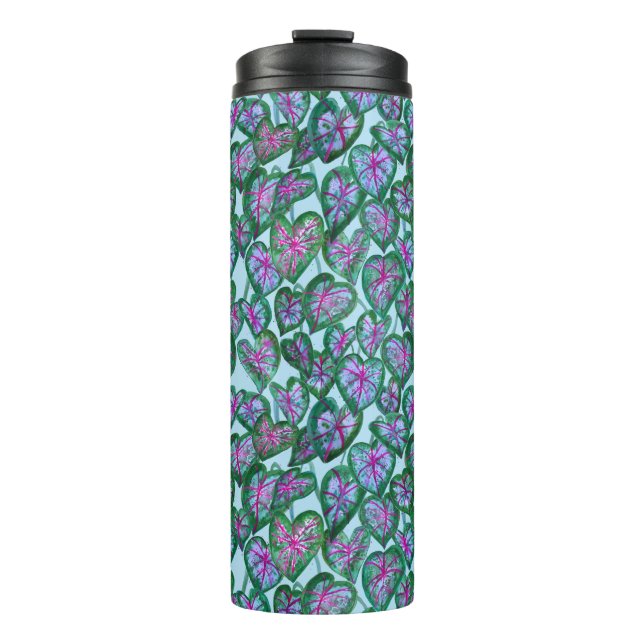 Colourful Caladiums Watercolor Leaf Pattern Pink Thermal Tumbler (Front)