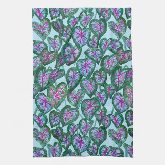 Colourful Caladiums Watercolor Leaves Pink Green Tea Towel (Vertical)