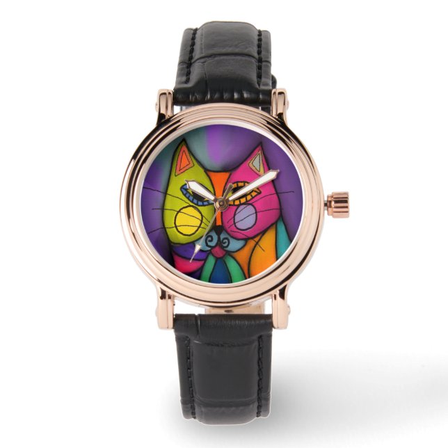 Colourful Calico Cat Abstract Art to Wear Watch (Front)