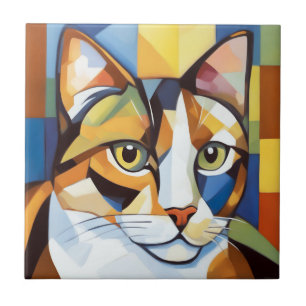 Colourful Calico Cubist Cat Tile