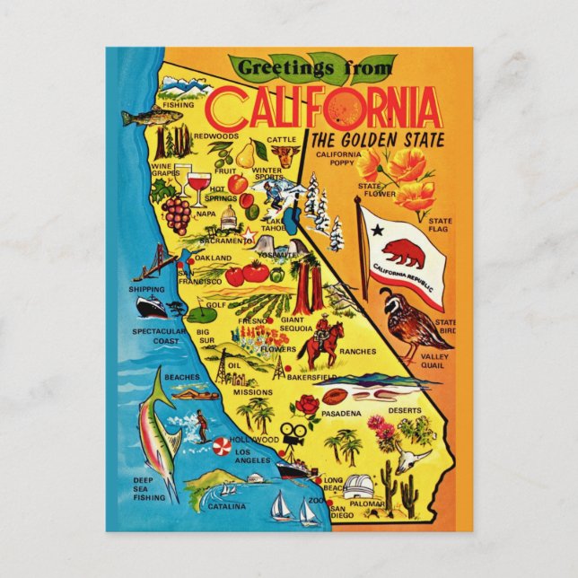 Colourful California Map Postcard (Front)