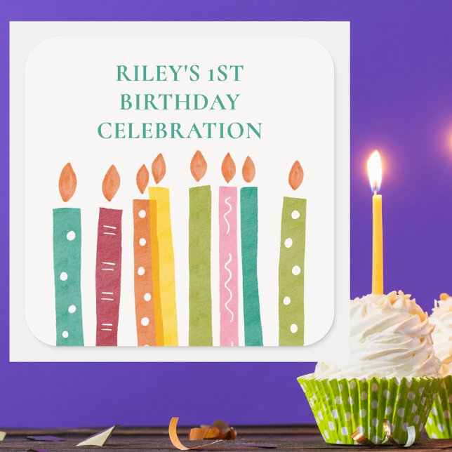 Colourful Candles Modern Classic First Birthday Square Sticker (Creator Uploaded)