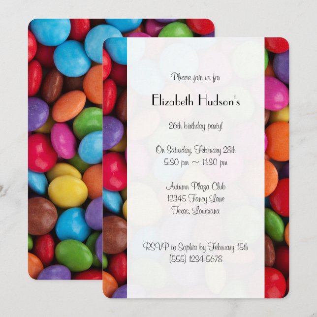 Colourful Candy, Candy Buttons, Sweets, Birthday Invitation (Front/Back)