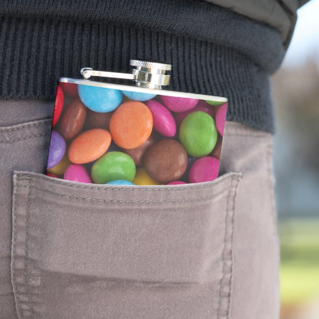 Colourful Candy, Candy Buttons, Sweets, Food Hip Flask (In Situ)