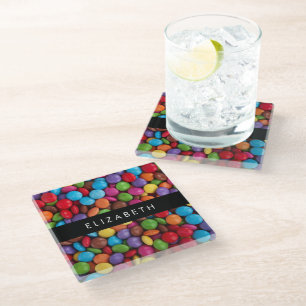 Colourful Candy, Candy Buttons, Sweets, Your Name Glass Coaster