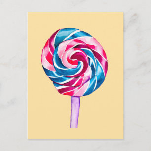Colourful candy lollipop watercolor art postcard