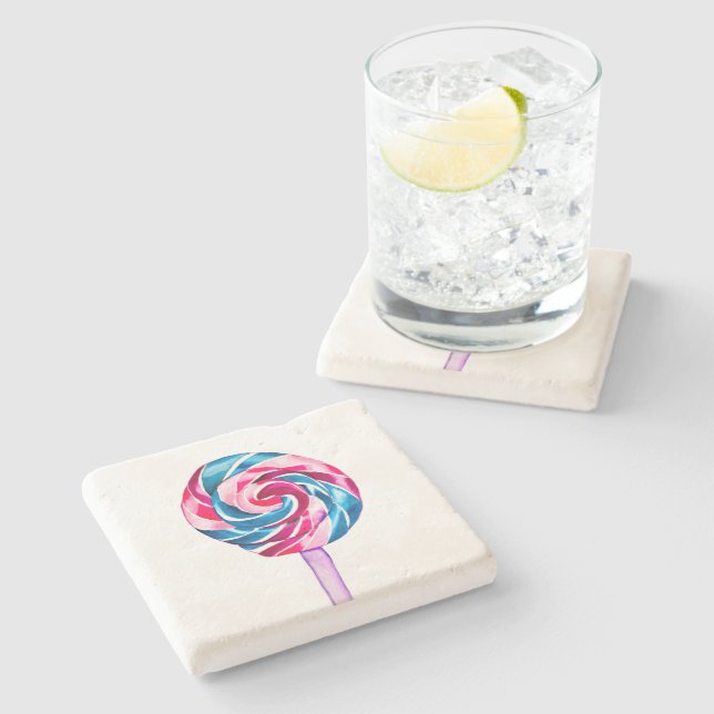 Colourful candy lollipop watercolor art stone coaster (Side)