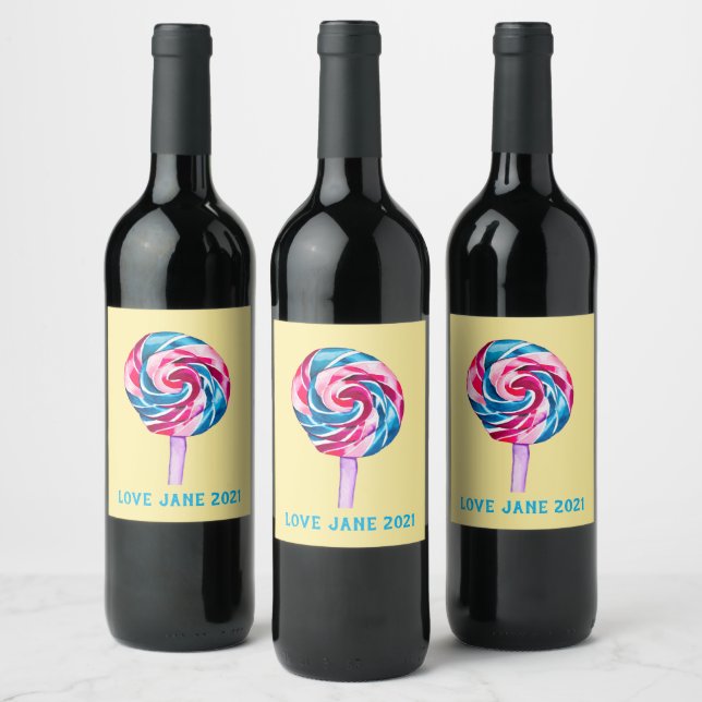 Colourful candy lollipop watercolor art wine label (Bottles)