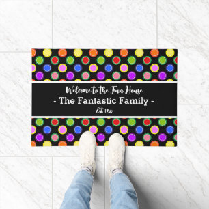 Colourful Candy Polka Dots on Black Personalised Doormat
