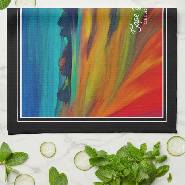 Colourful Cape Sebastian Oregon Coast Art Tea Towel (Folded)