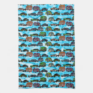 Colourful Caravans With Blue Background Dish Towel