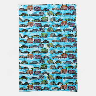 Colourful Caravans With Blue Background Dish Towel