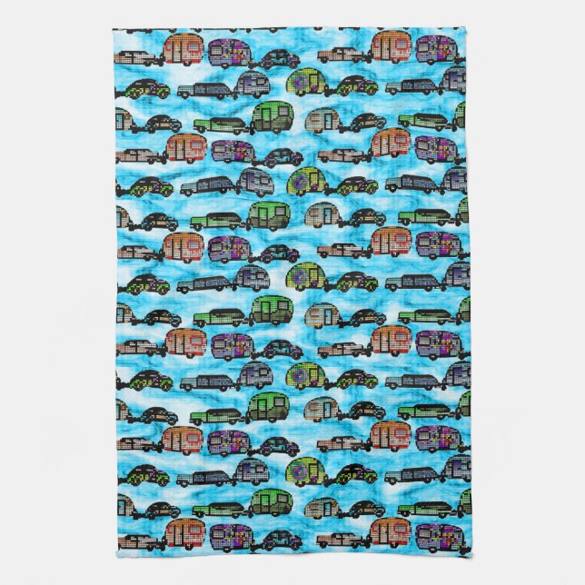 Colourful Caravans With Blue Background Dish Towel (Vertical)