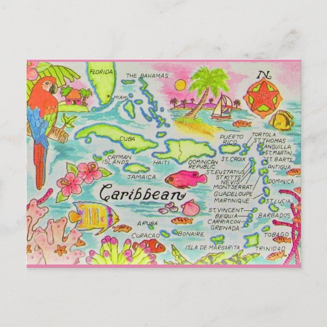 Colourful Caribbean Islands Map Postcard (Front)