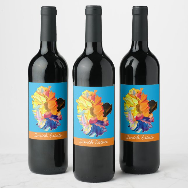 Colourful carnation watercolor flower wine label (Bottles)