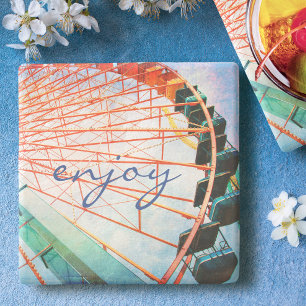 Colourful Carnival Ferris Wheel Enjoy Script Quote Stone Coaster