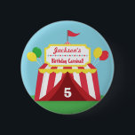 Colourful Carnival Kids Birthday Party Favours 6 Cm Round Badge<br><div class="desc">A bright and cheerful birthday party favour for your guests to remember the carnival themed birthday party! It has a red and white carnival tent with lots of colourful bunting flags and balloons hanging around. The tent has a signboard with stars to feature the birthday child's name! Perfect for both...</div>