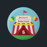 Colourful Carnival Kids Birthday Party Favours 6 Cm Round Badge<br><div class="desc">A bright and cheerful birthday party favour for your guests to remember the carnival themed birthday party! It has a red and white carnival tent with lots of colourful bunting flags and balloons hanging around. The tent has a signboard with stars to feature the birthday child's name! Perfect for both...</div>