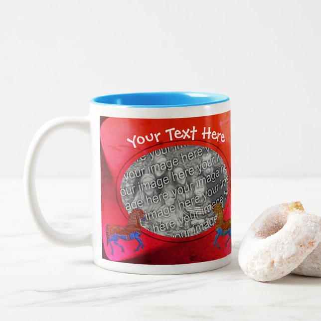 Colourful Carousel Horses Personalised Photo Two-Tone Coffee Mug (With Donut)